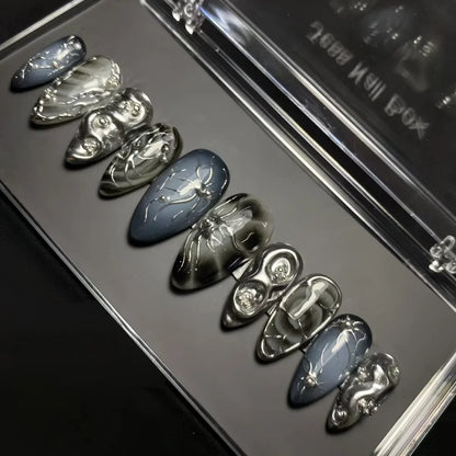 Katie | Women's Black Glitter Almond Press On Halloween Nails with 3D Metallic Design