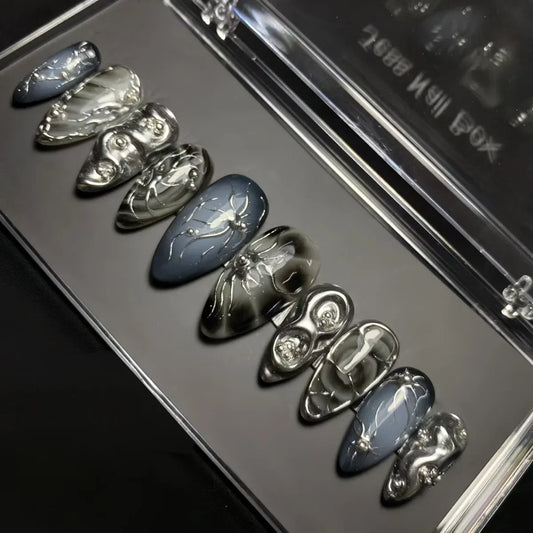 Katie | Women's Black Glitter Almond Press On Halloween Nails with 3D Metallic Design