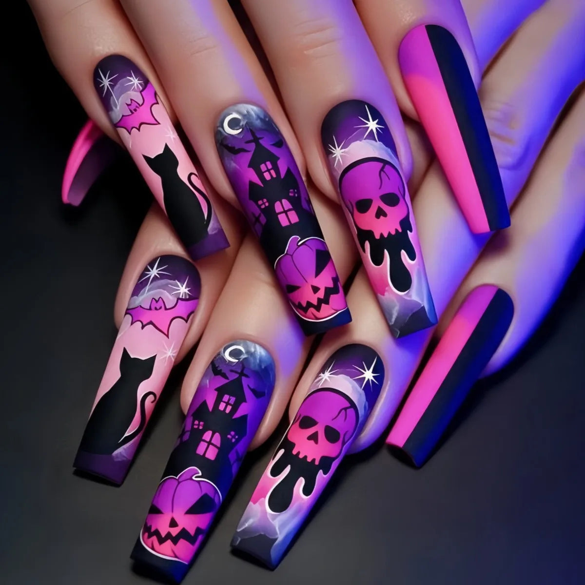Fiona | Women's Pink Glitter Skull Press On Halloween Nails with Sequin Design