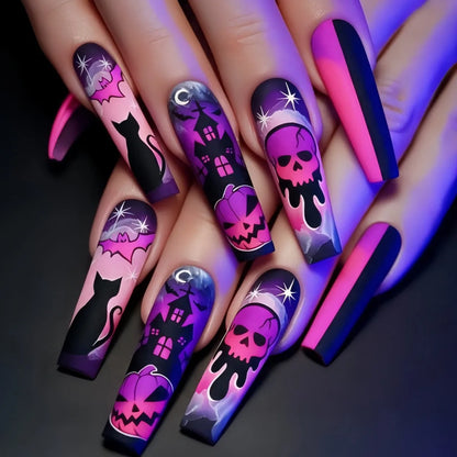 Fiona | Women's Pink Glitter Skull Press On Halloween Nails with Sequin Design