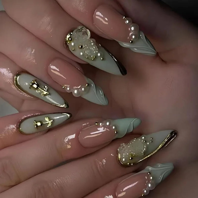Kerry | Women's French Cat Eye Almond Press On Halloween Nails with 3D Wavy Design
