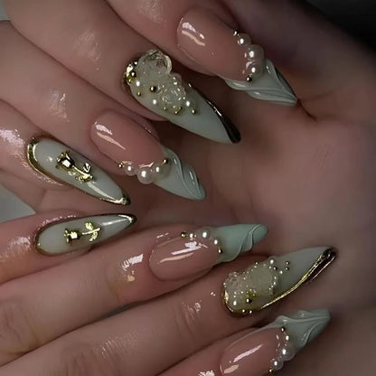 Kerry | Women's French Cat Eye Almond Press On Halloween Nails with 3D Wavy Design