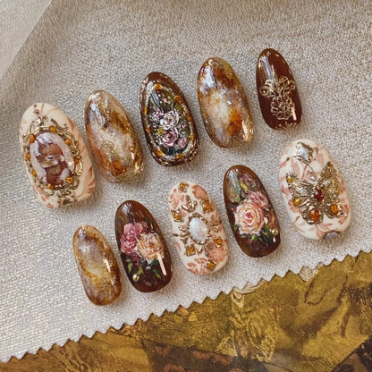 Katie | Women's Black Glitter Almond Press On Halloween Nails with 3D Metallic Design