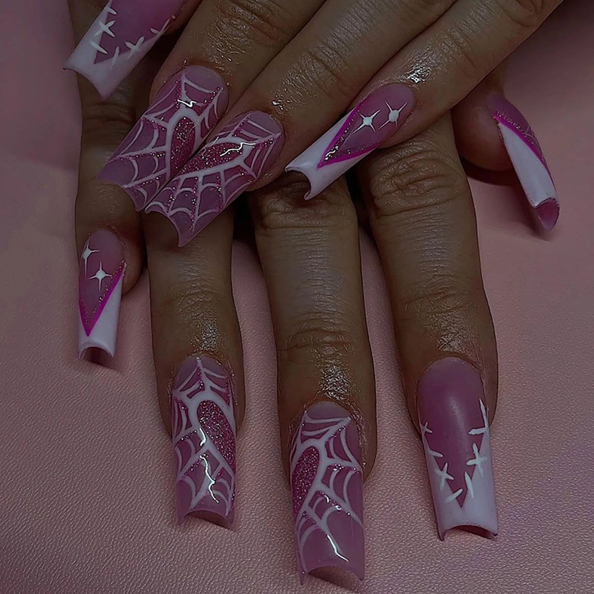 Fiona | Women's Pink Glitter Skull Press On Halloween Nails with Sequin Design