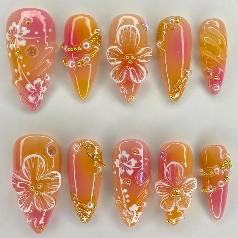 Kerry | Women's French Cat Eye Almond Press On Halloween Nails with 3D Wavy Design