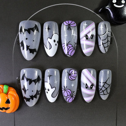 Natasha | Women's Silver Spider Almond Press On Halloween Nails with Gothic Design