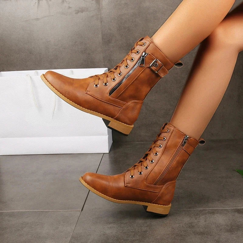 Sophia | Women's Leather Laced Boots with Low Heel