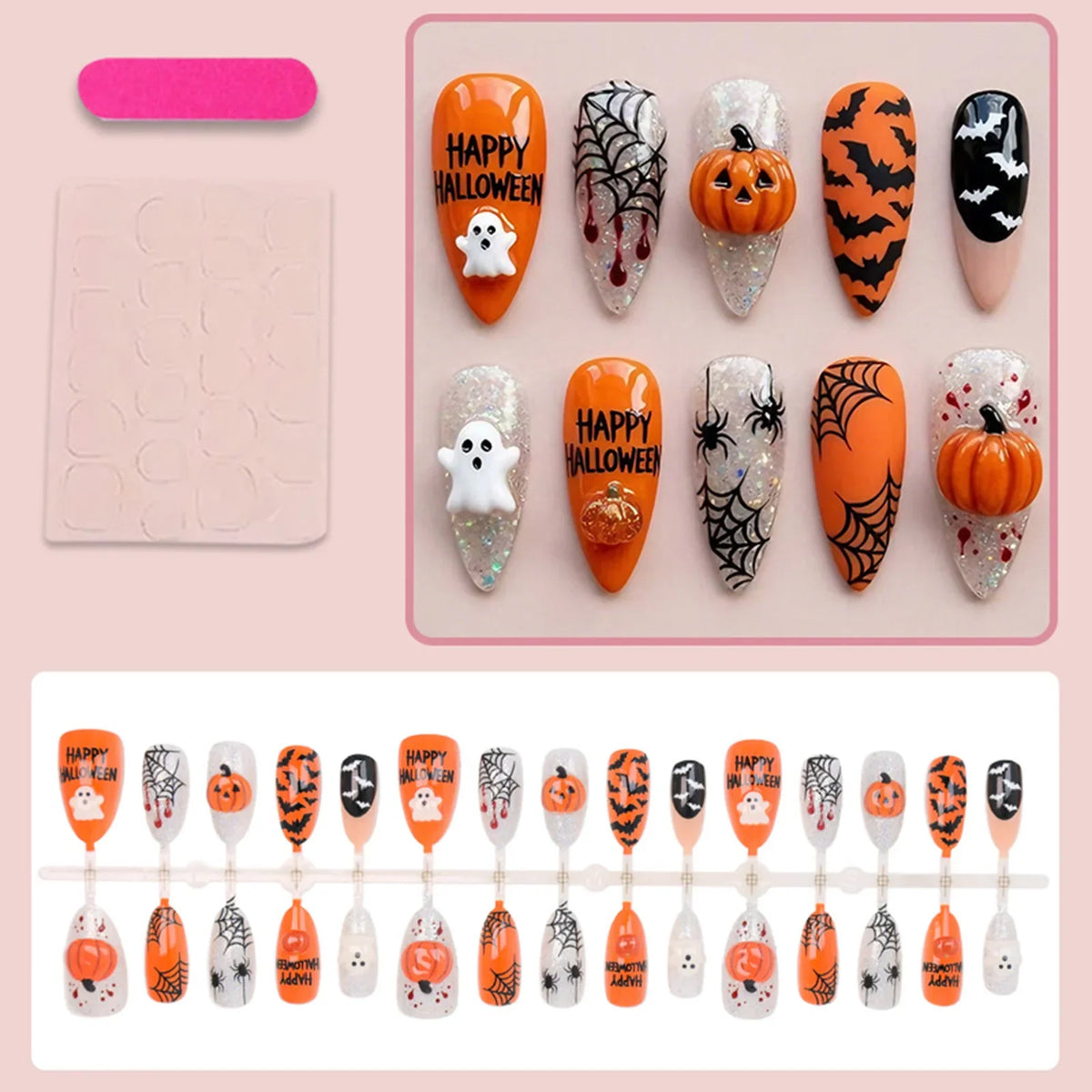Phoebe | Women's Halloween Ghost Pumpkin Bat Almond Press On Nails