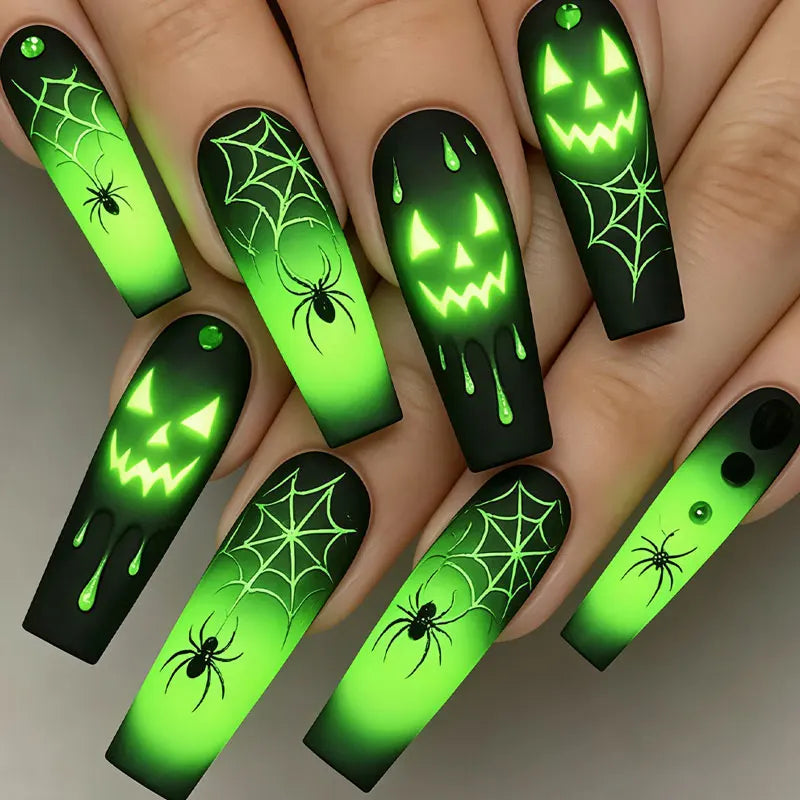 Sarah | Women's Halloween Press On Nails with Ghost Pumpkin and Spider Design