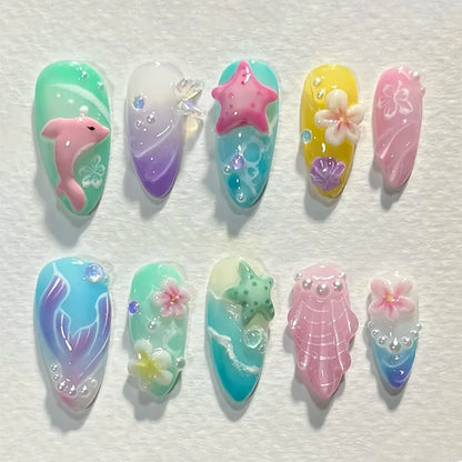 Kerry | Women's French Cat Eye Almond Press On Halloween Nails with 3D Wavy Design