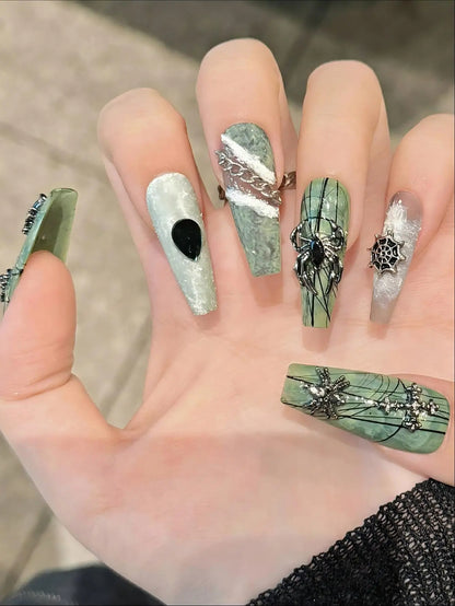 Emily | Women's Dark Green Halloween Spider Pumpkin Press On Nails