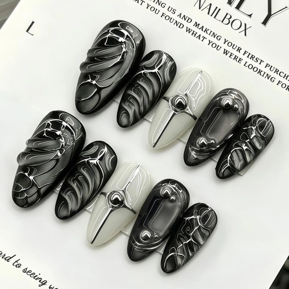 Katie | Women's Black Glitter Almond Press On Halloween Nails with 3D Metallic Design