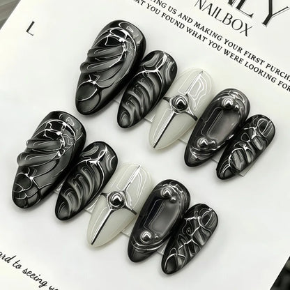 Katie | Women's Black Glitter Almond Press On Halloween Nails with 3D Metallic Design