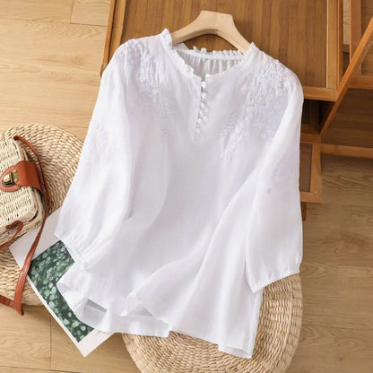 Sarah | Women’s Embroidered Button-Front Blouse