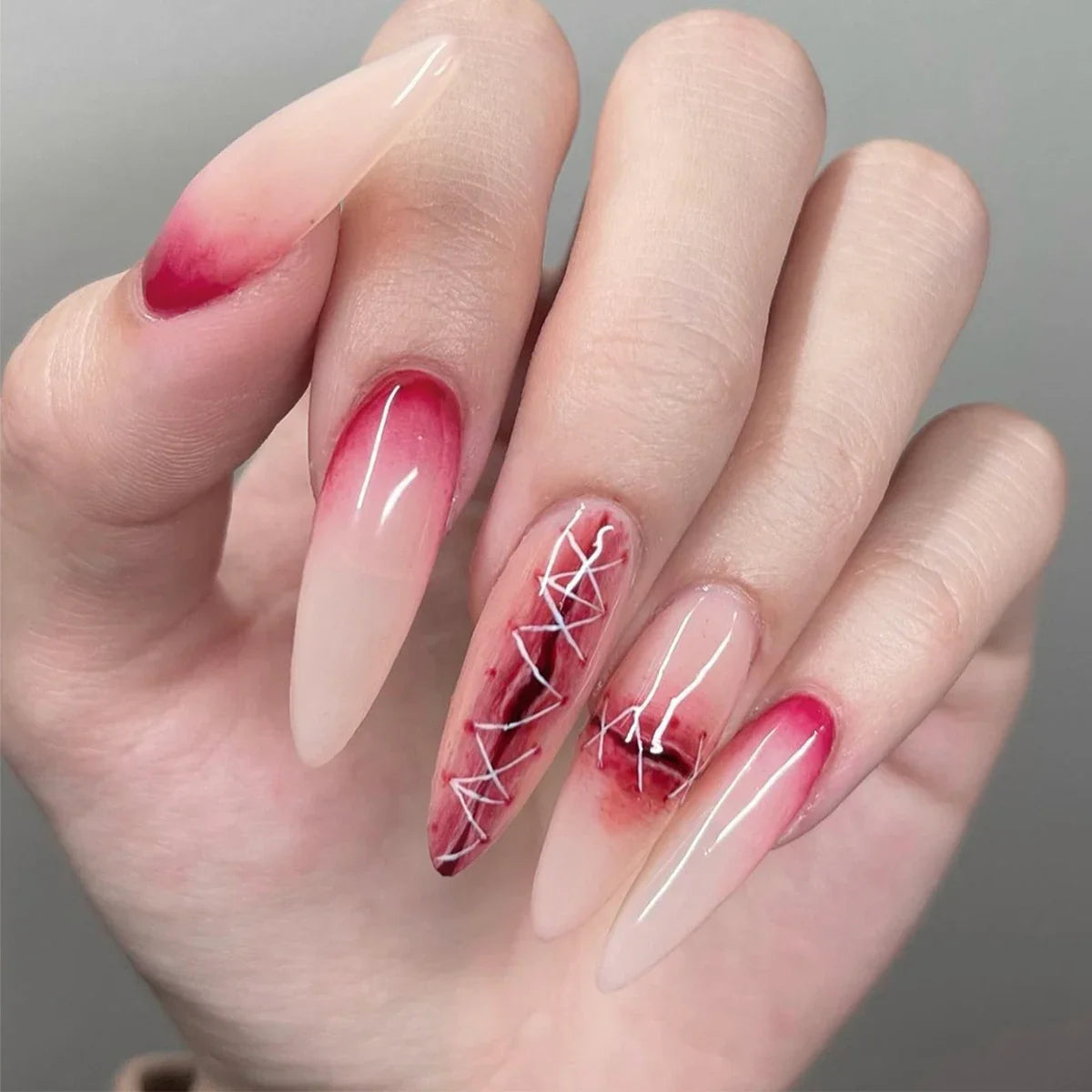 Natasha | Women's Silver Spider Almond Press On Halloween Nails with Gothic Design