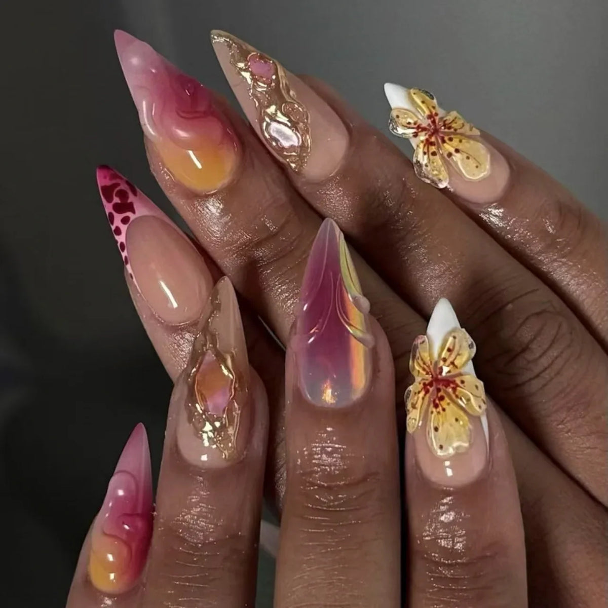 Kerry | Women's French Cat Eye Almond Press On Halloween Nails with 3D Wavy Design