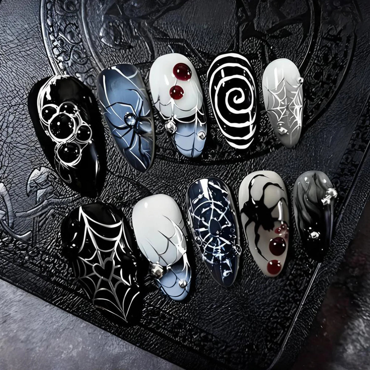 Natasha | Women's Silver Spider Almond Press On Halloween Nails with Gothic Design