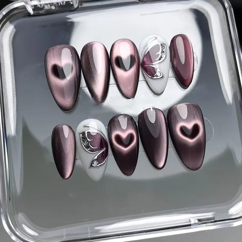 Kerry | Women's French Cat Eye Almond Press On Halloween Nails with 3D Wavy Design