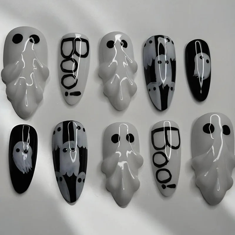 Natasha | Women's Silver Spider Almond Press On Halloween Nails with Gothic Design