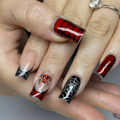 Natasha | Women's Silver Spider Almond Press On Halloween Nails with Gothic Design
