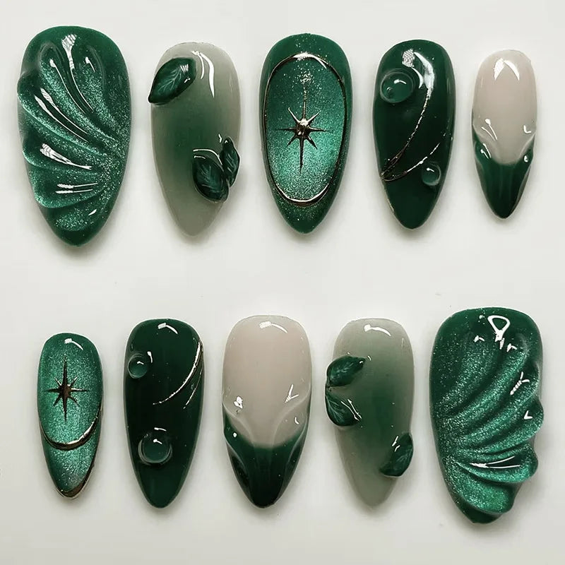 Kerry | Women's French Cat Eye Almond Press On Halloween Nails with 3D Wavy Design