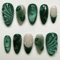 Kerry | Women's French Cat Eye Almond Press On Halloween Nails with 3D Wavy Design