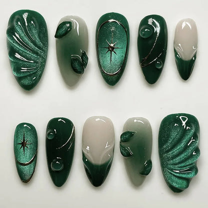 Kerry | Women's French Cat Eye Almond Press On Halloween Nails with 3D Wavy Design