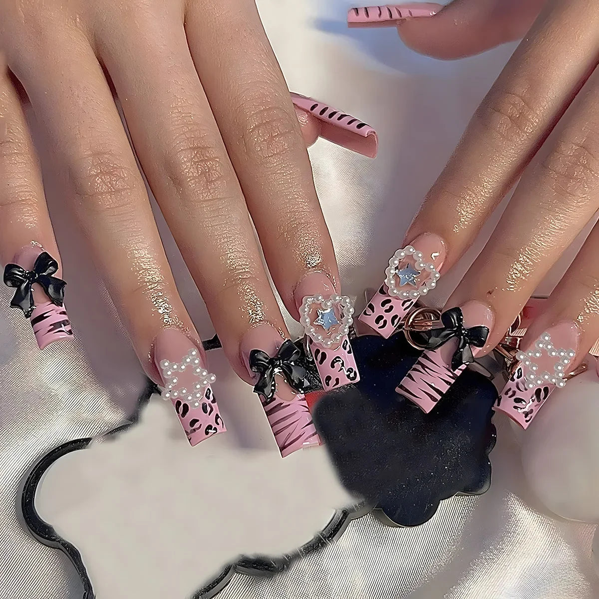 Deborah | Women's Black Halloween Bat Almond Press On Nails with 3D Rivet and Bow Details