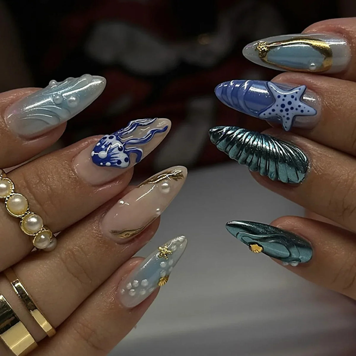 Katie | Women's Black Glitter Almond Press On Halloween Nails with 3D Metallic Design