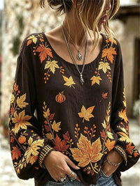 Margaret | Women's Halloween Dark Brown Maple Leaf Pumpkin Blouse with Long Sleeves