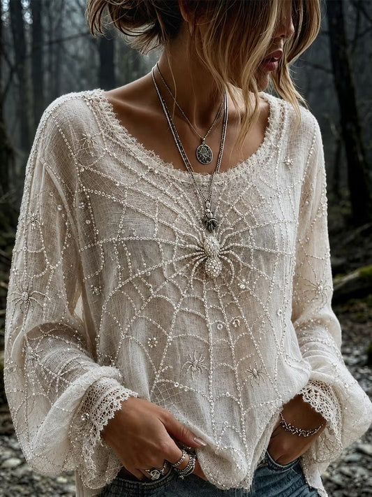 Ellie | Women's Halloween Off White Spider Web Long Sleeve Blouse