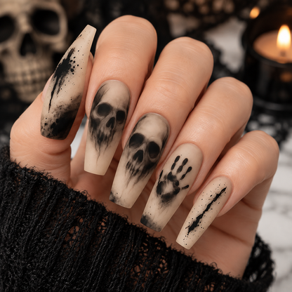 Charlotte | Women's Black Skeleton Coffin Press On Halloween Nails with Matte Finish