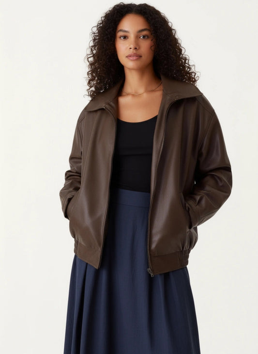 Amber | Women's Oversized Leather Zip Jacket with Collar