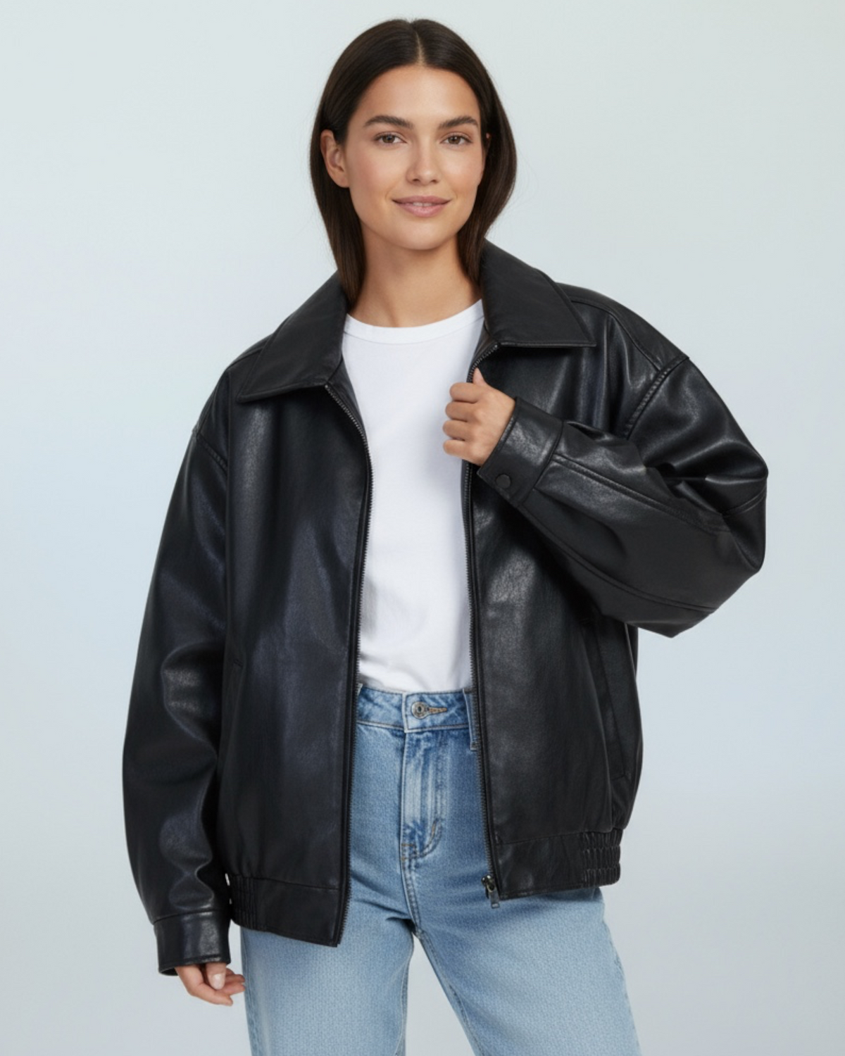 Amber | Women's Oversized Leather Zip Jacket with Collar