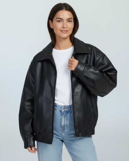 Amber | Women's Oversized Leather Zip Jacket with Collar