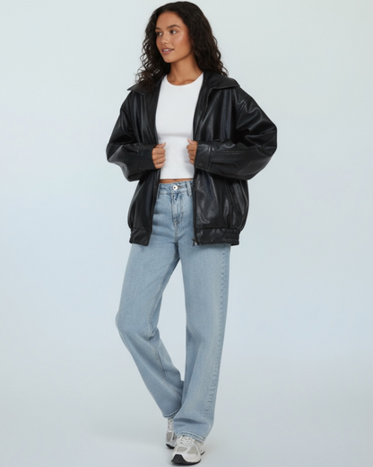 Amber | Women's Oversized Leather Zip Jacket with Collar