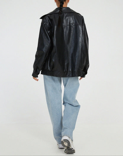 Amber | Women's Oversized Leather Zip Jacket with Collar