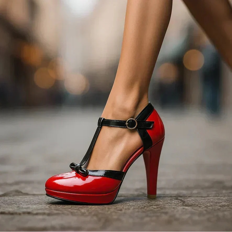 Natasha | Women's T-Strap Bow-Detail Platform Heels
