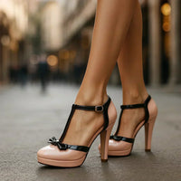 Natasha | Women's T-Strap Bow-Detail Platform Heels