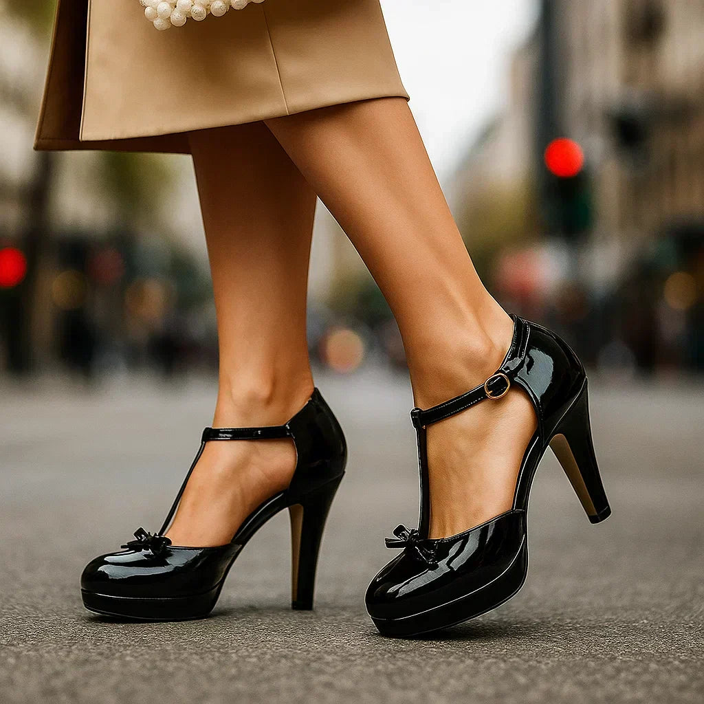 Natasha | Women's T-Strap Bow-Detail Platform Heels