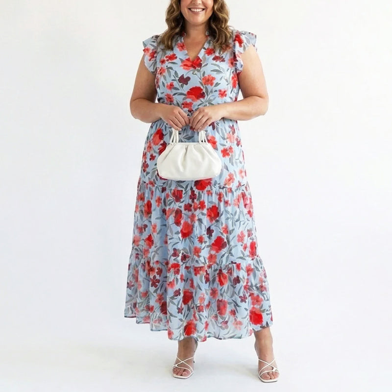 Christine | Women's Floral V-Neck Ruffle Sleeve Dress
