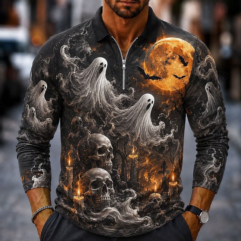 Malcolm | Men's Halloween Quarter Zip Long-Sleeve Polo Shirt with Graphic Print