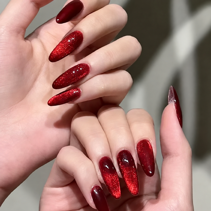 Arabella | Women's Red Cat Eye Press On Halloween Nails with Glossy Finish