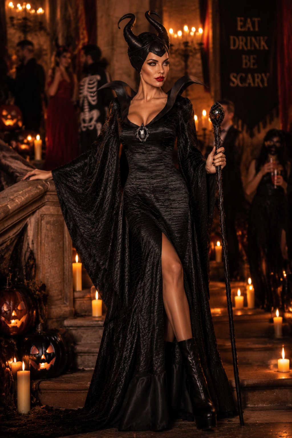 Elspeth | Women's Devil Halloween Costume with Horns and Black Dress