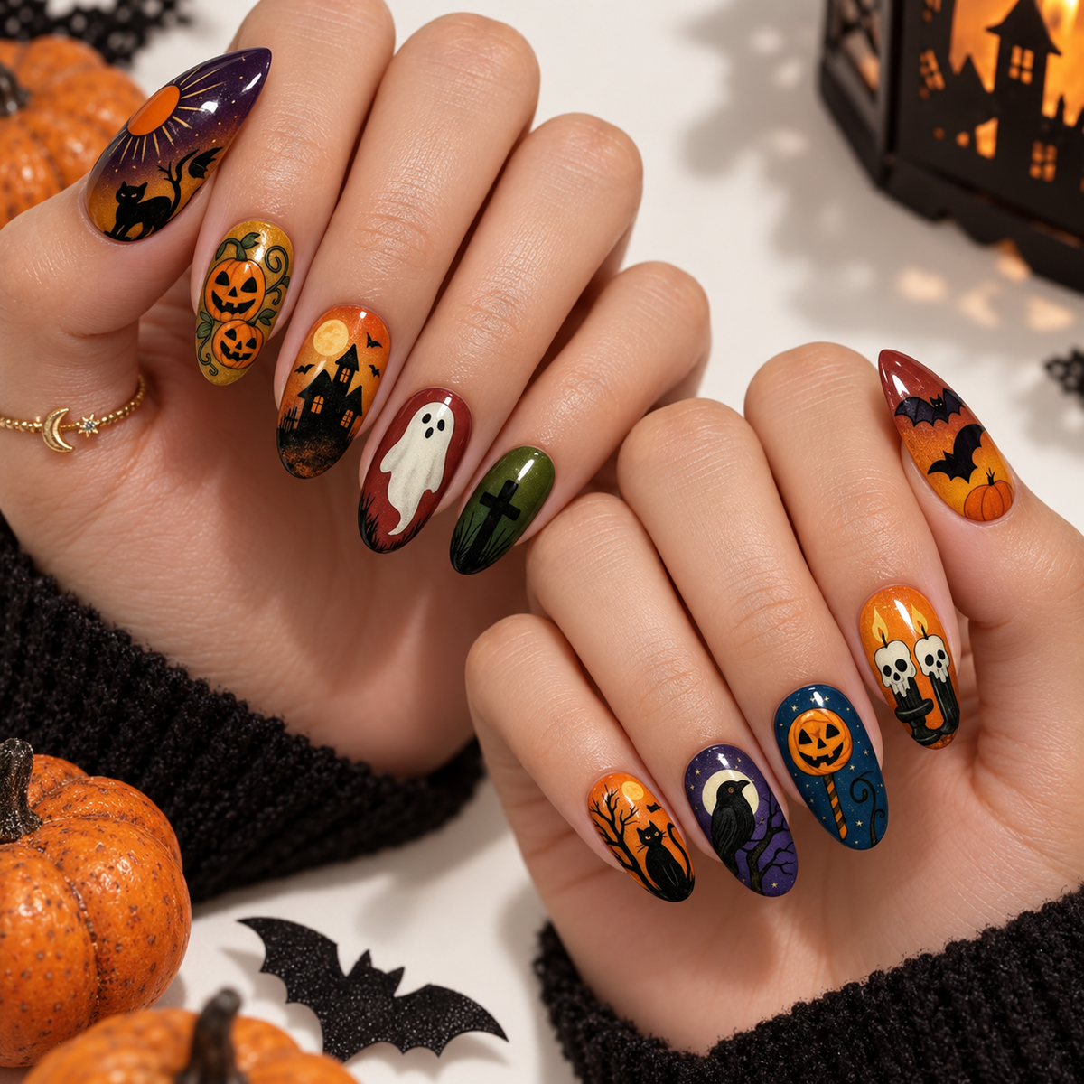 Matilda | Women's Festive Halloween Pumpkin Ghost Almond Press On Nails
