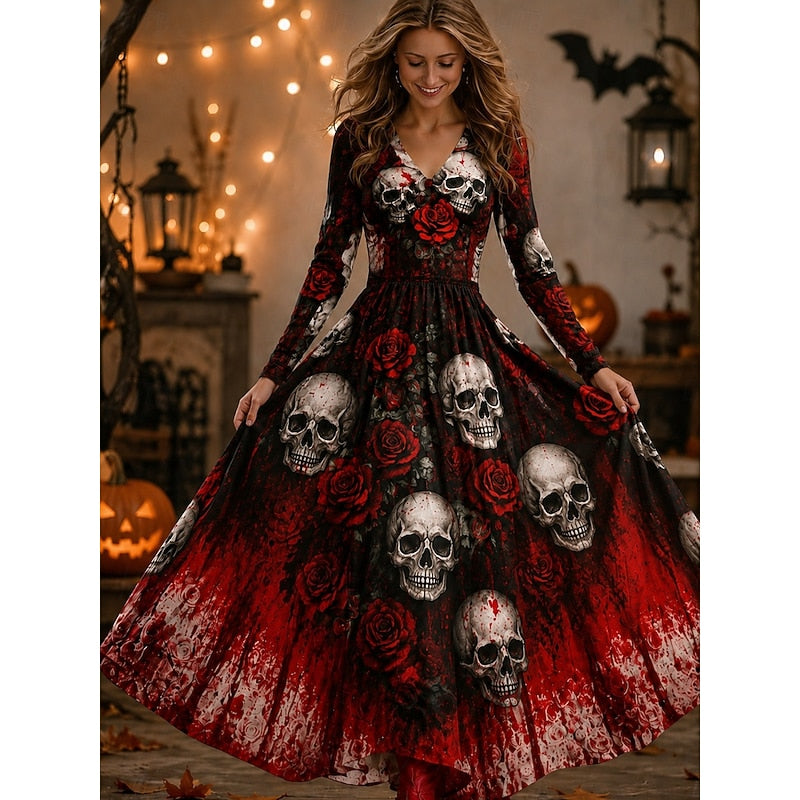 Imogen | Women's Halloween Long Sleeve Skeleton Print Maxi Dress