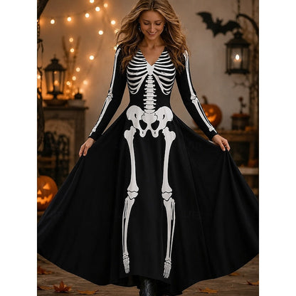 Imogen | Women's Halloween Long Sleeve Skeleton Print Maxi Dress