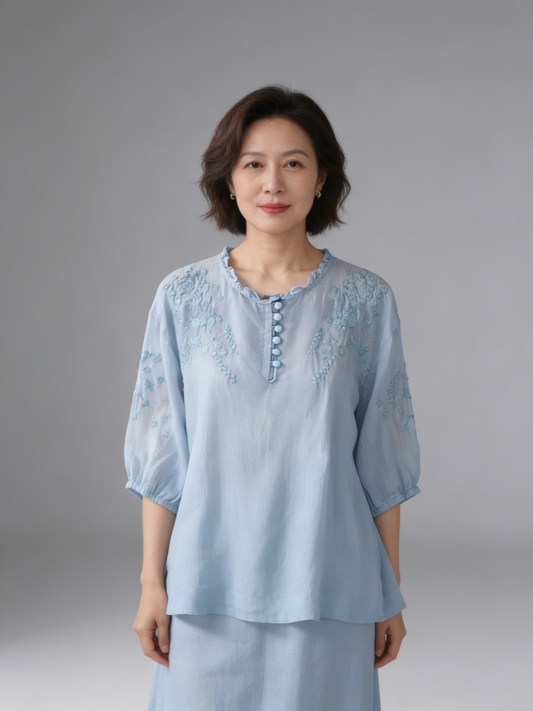 Sarah | Women’s Embroidered Button-Front Blouse