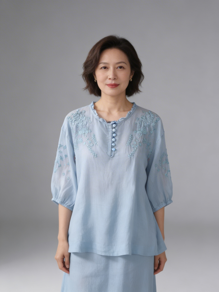 Sarah | Women’s Embroidered Button-Front Blouse