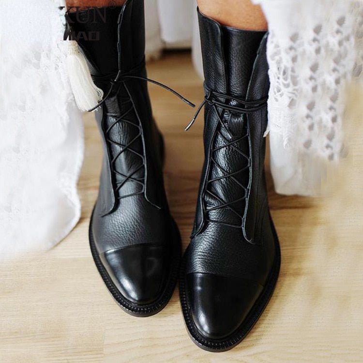 Lesley | Women's Black Lace-Up Boots with Low Heel